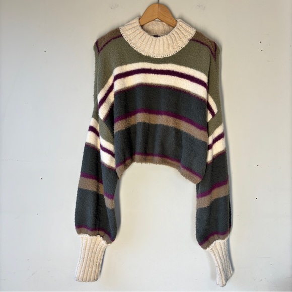 Free People Fuzzy Cropped Sofie Sweater Striped Army Green Purple Combo Size M - Picture 2 of 14